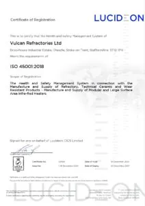 Vulcan Refractories ISO 45001:2018 